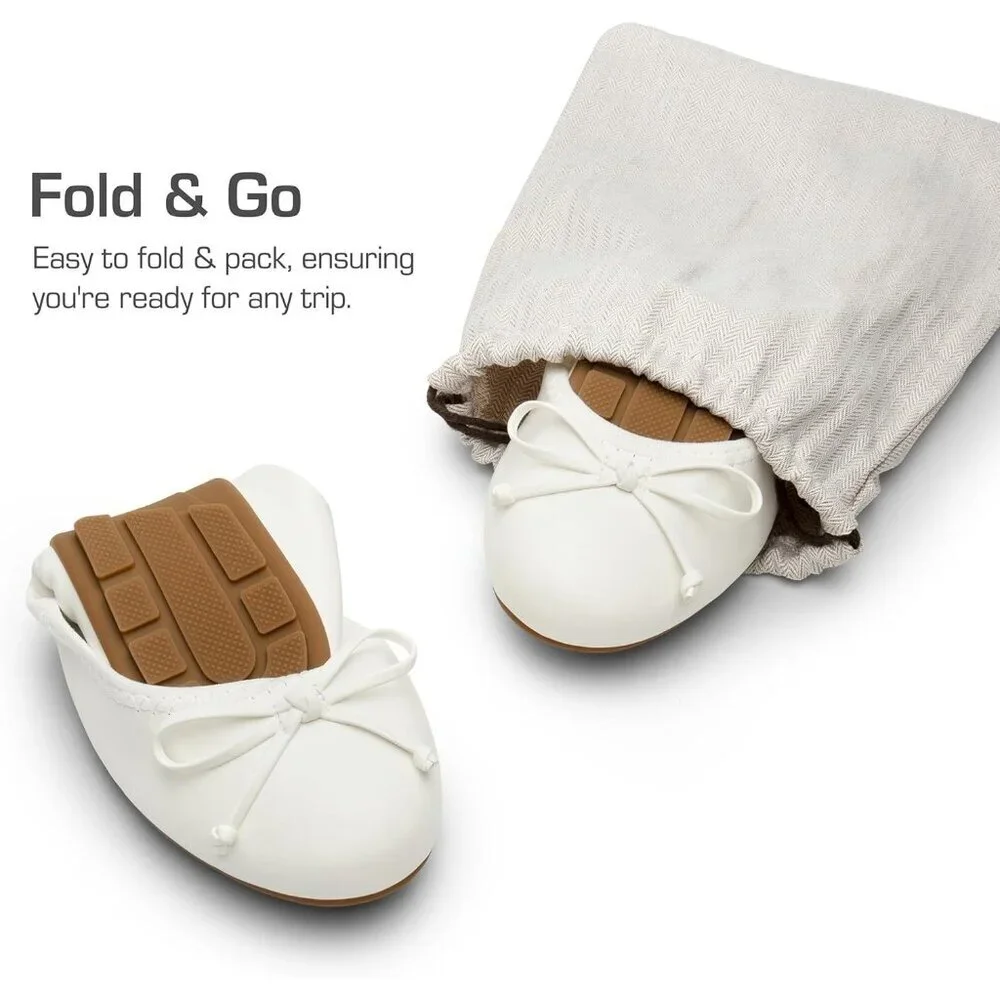 Women's White Bowknot Round Toe Comfort Light Weight Slip-on Foldable Flats